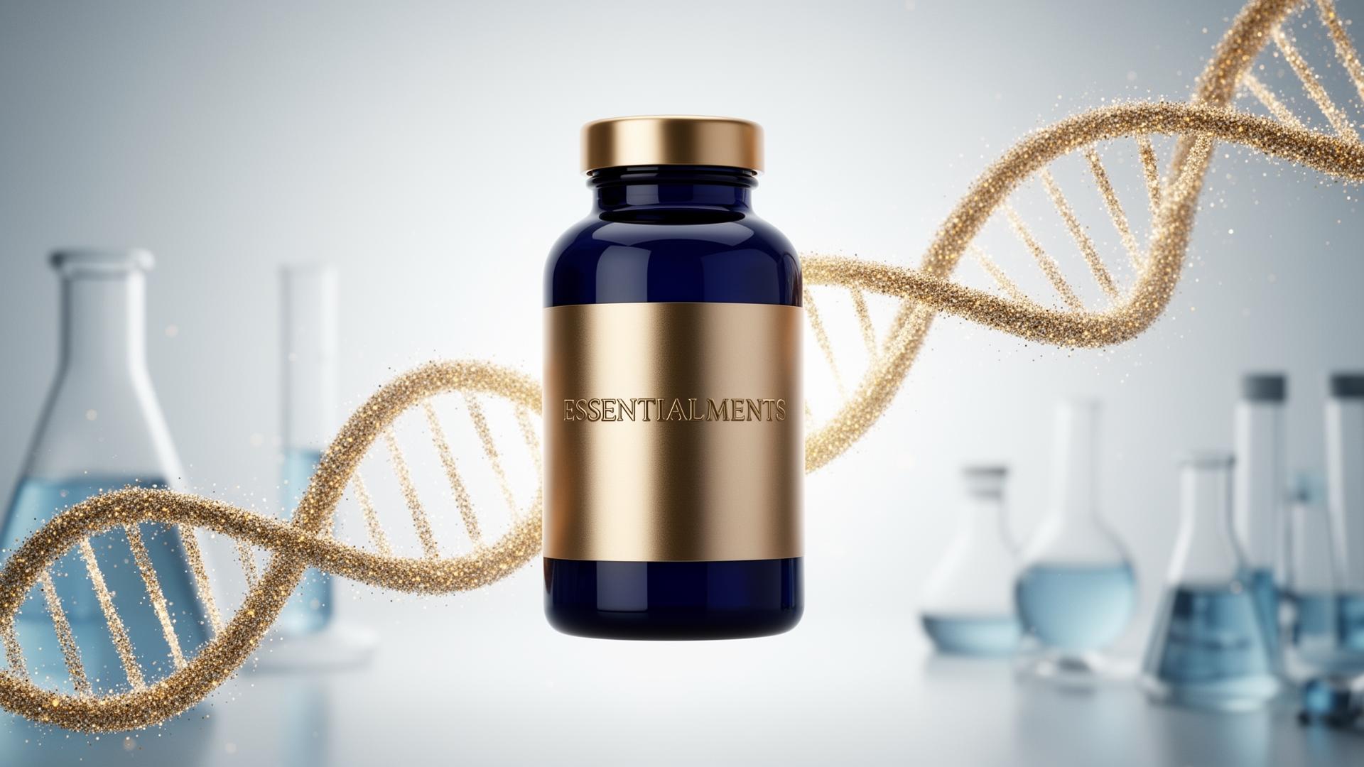 Essentialments premium supplement bottle with DNA helix